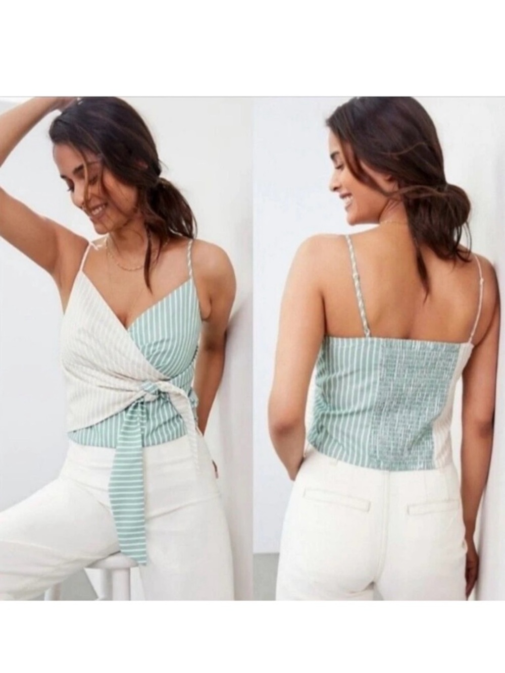 Anthropologie Striped Wrap Front Cami Top in Green